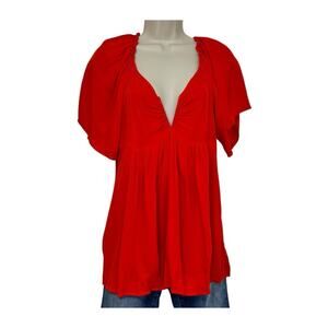 Umgee Vibrant Red/Orange V-Neck Flutter Sleeve Babydoll Top Size Small